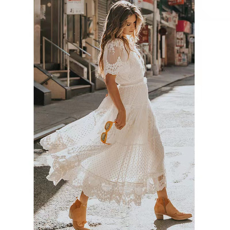 Versatile Trendy Women's Summer Short-sleeved Lace Dress