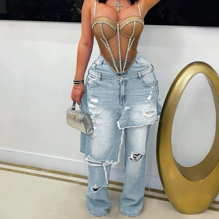 Women's Fashion Denim Distressed Stitching Horse Riding Cut Decoration Women's Jeans