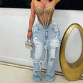 Women's Fashion Denim Distressed Stitching Horse Riding Cut Decoration Women's Jeans