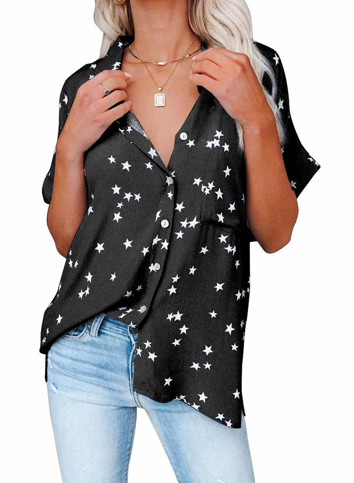 Women's Summer Printed Breasted Batwing Sleeve Blouse