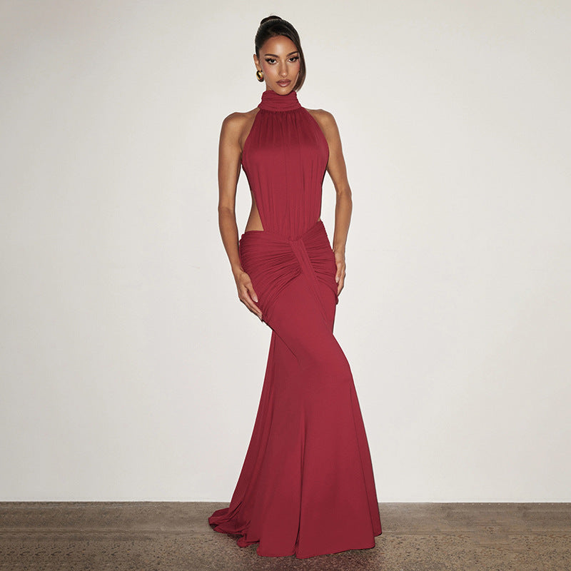 Women's Summer Solid Color Small Turtleneck Sleeveless Backless Dress