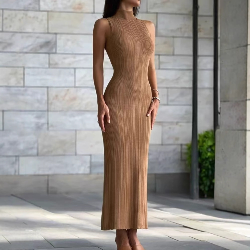 Women's Knitted Turtleneck Sleeveless Tight Midi Elegant Dress