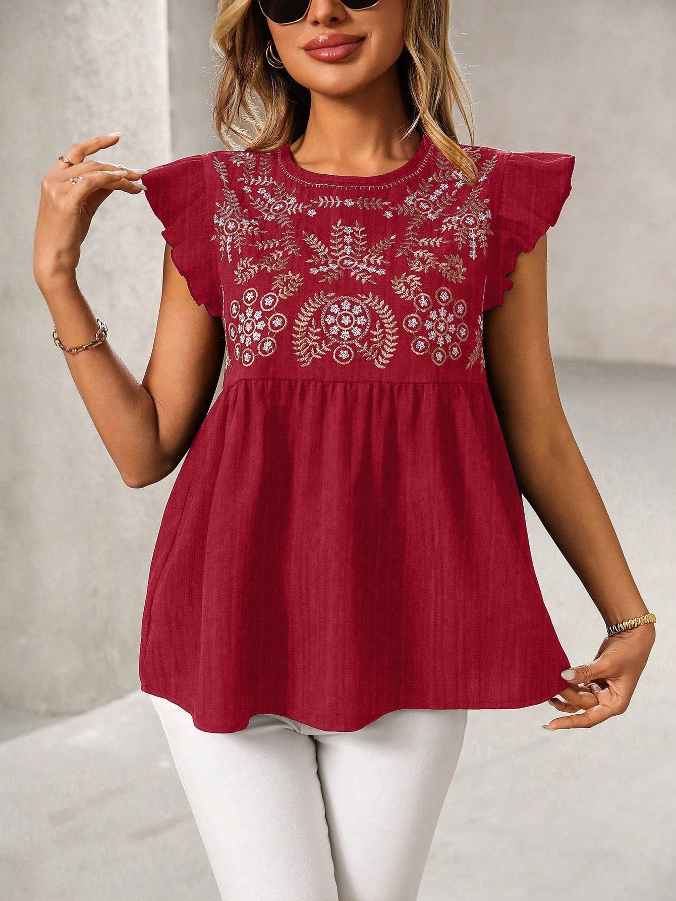 Women's National Style Embroidered Shoulder Flying Sleeves Fashion Casual Tops