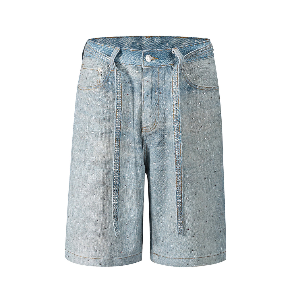 Women's Loose Denim 5-point Full Hot Rhinestone Additional Pants