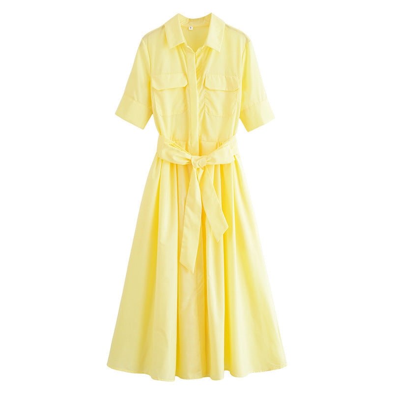 Fashion Polo Collar Single-breasted With Belt Shirt Dress
