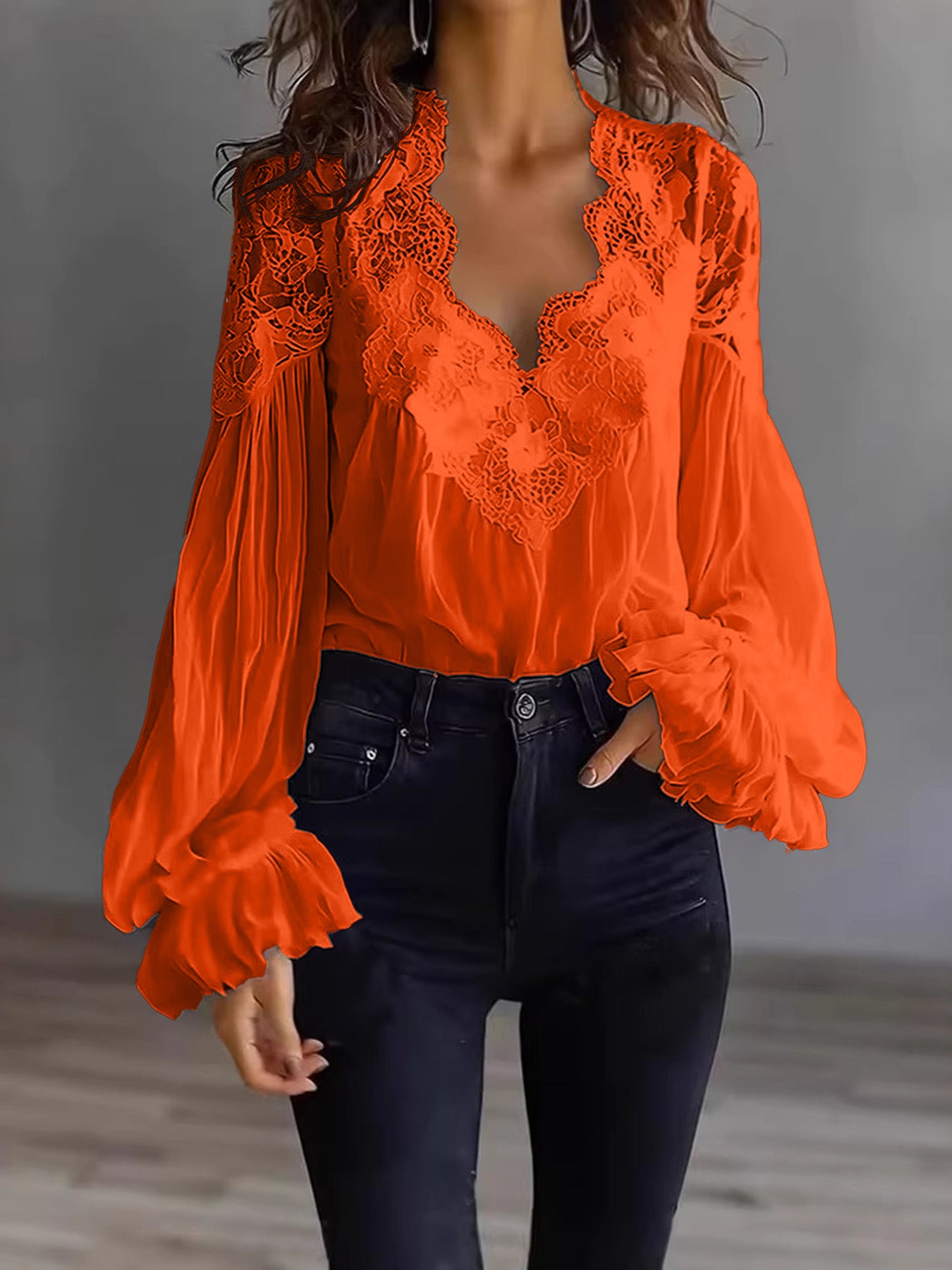 Women's Lace Stitching Puff Sleeve Pleated Shirt Blouse
