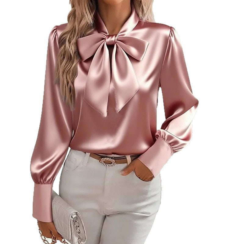 Women's Pure Color Casual Versatile Bow Satin Shirt Blouse