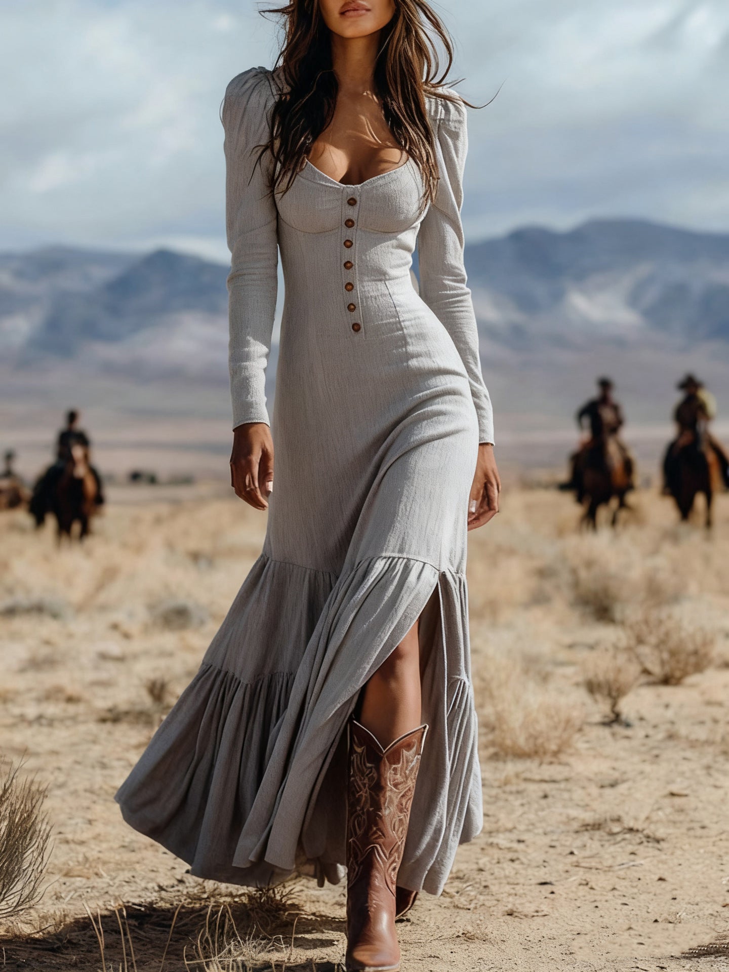 Vintage Western Style Button Pleated Long Dress