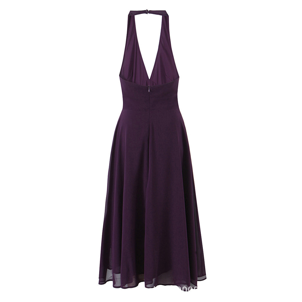 Purple Temperament Sexy Deep V Backless Halter Dress