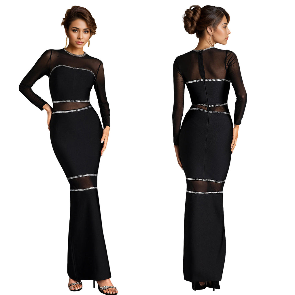 Women's Fashion Wear Rhinestone Mesh Long Dress