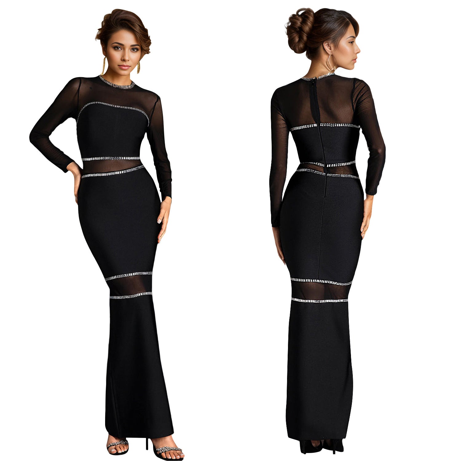 Women's Fashion Wear Rhinestone Mesh Long Dress