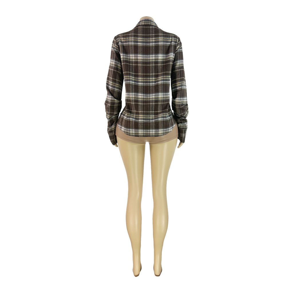 Women's Fashion Wear Plaid Casual Sexy Folding Sleeve Open Fork Head Women's Sweater