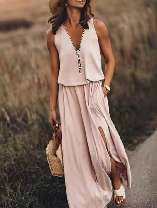 Women's Summer Sleeveless Long Fashion Casual Tight Waist Dress