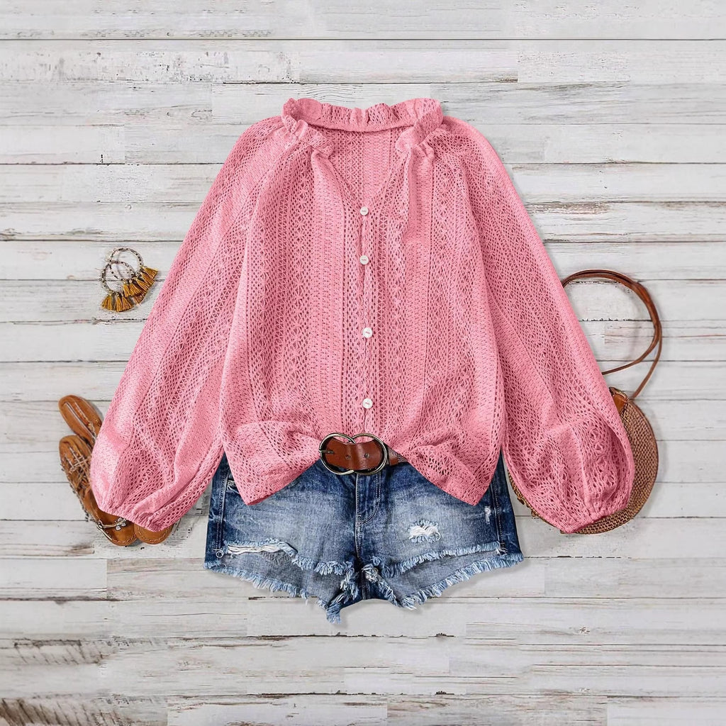 Loose Fashion Versatile Lace Single-breasted Long Sleeve Women's T-shirt