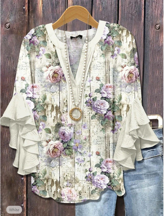 Women's Creative Floral Element Printing Digital Casual Trend Lotus Women's T-shirt