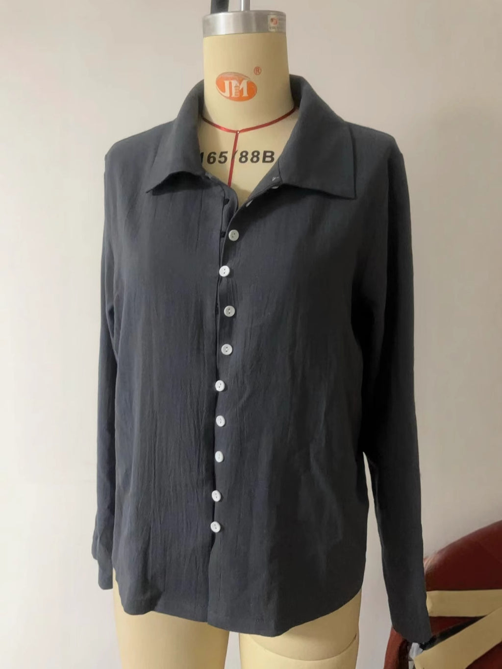 Women's Button Polo Collar Solid Color Long Sleeve Blouse