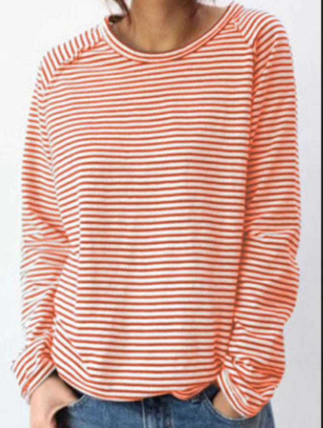 Women's Casual Loose Round Neck Raglan Long Sleeve Striped Printed Women's T-shirt