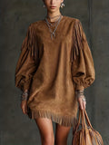 Women's Retro Western Style Suede Tassel Lantern Sleeve Loose Dress