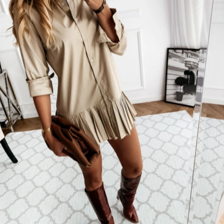Stylish Women's Shirt Dress Pleated Slim Blouse