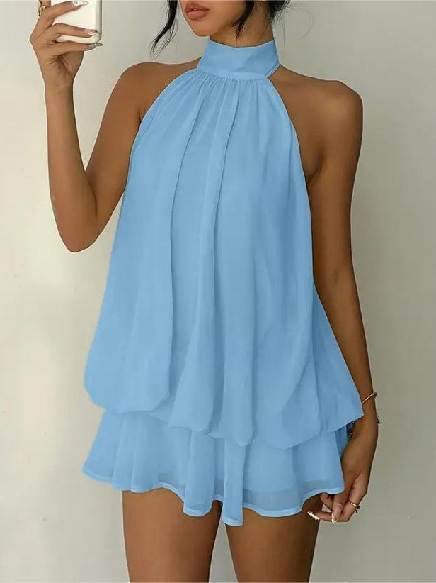 Women's Holiday Sexy Backless Halter Puff Dress