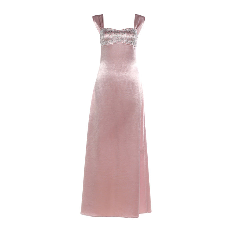 Women's Elegant Strap Tube Backless Rhinestone Long Dress
