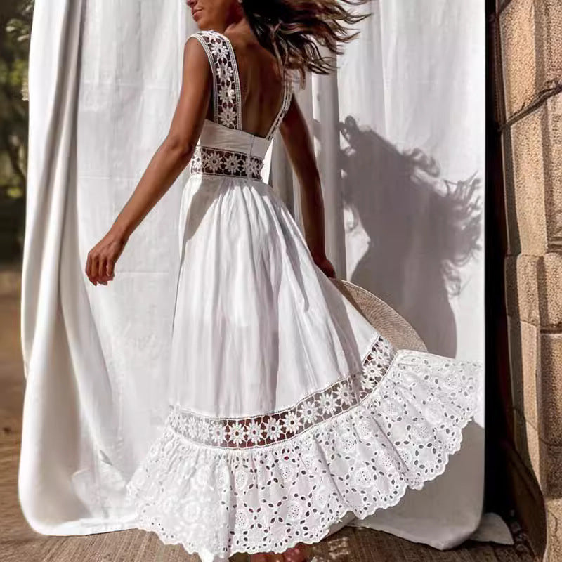 Fashion Lace Sleeveless Stitching Big Swing Dress