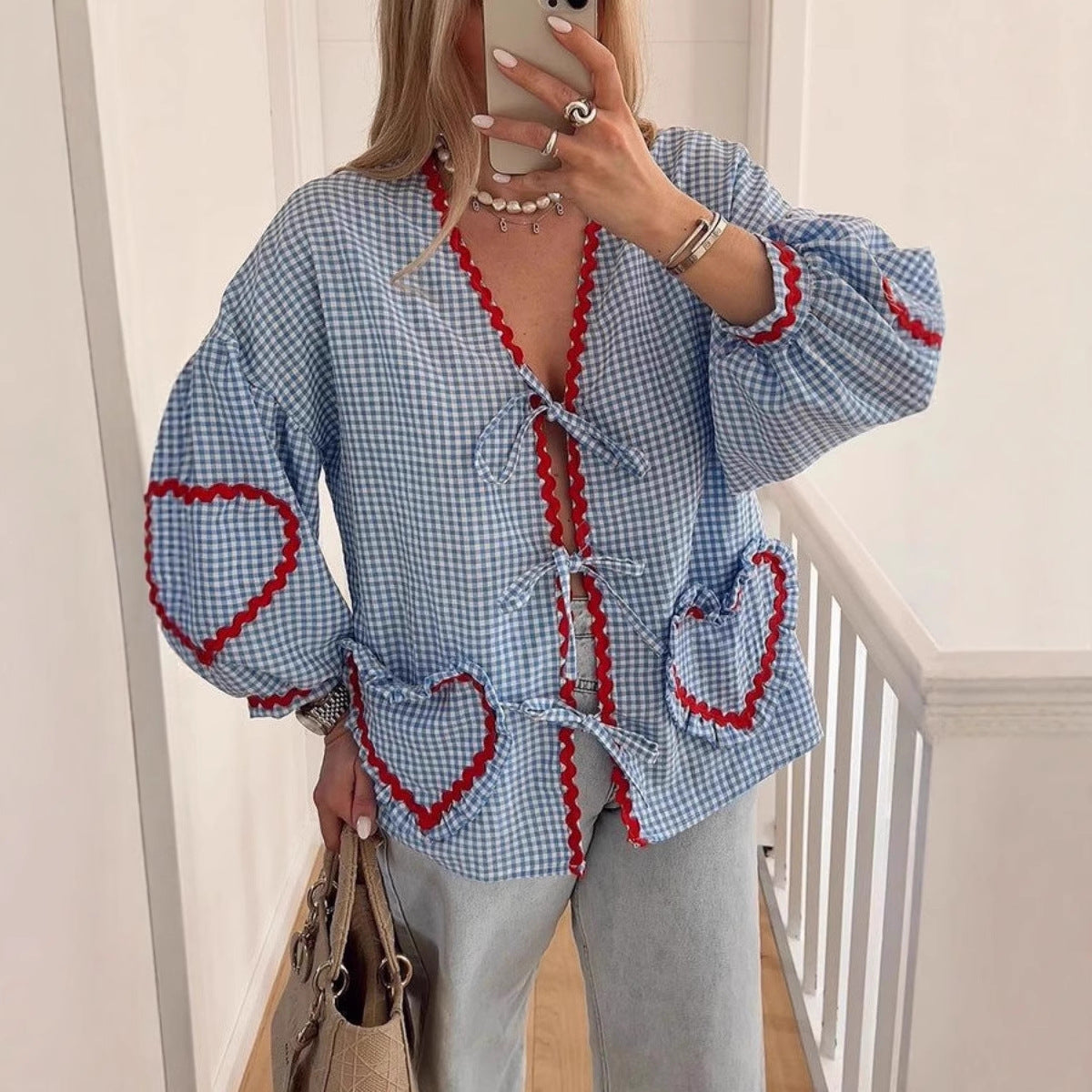 Lantern Sleeve Love Plaid Shirt French Design Blouse