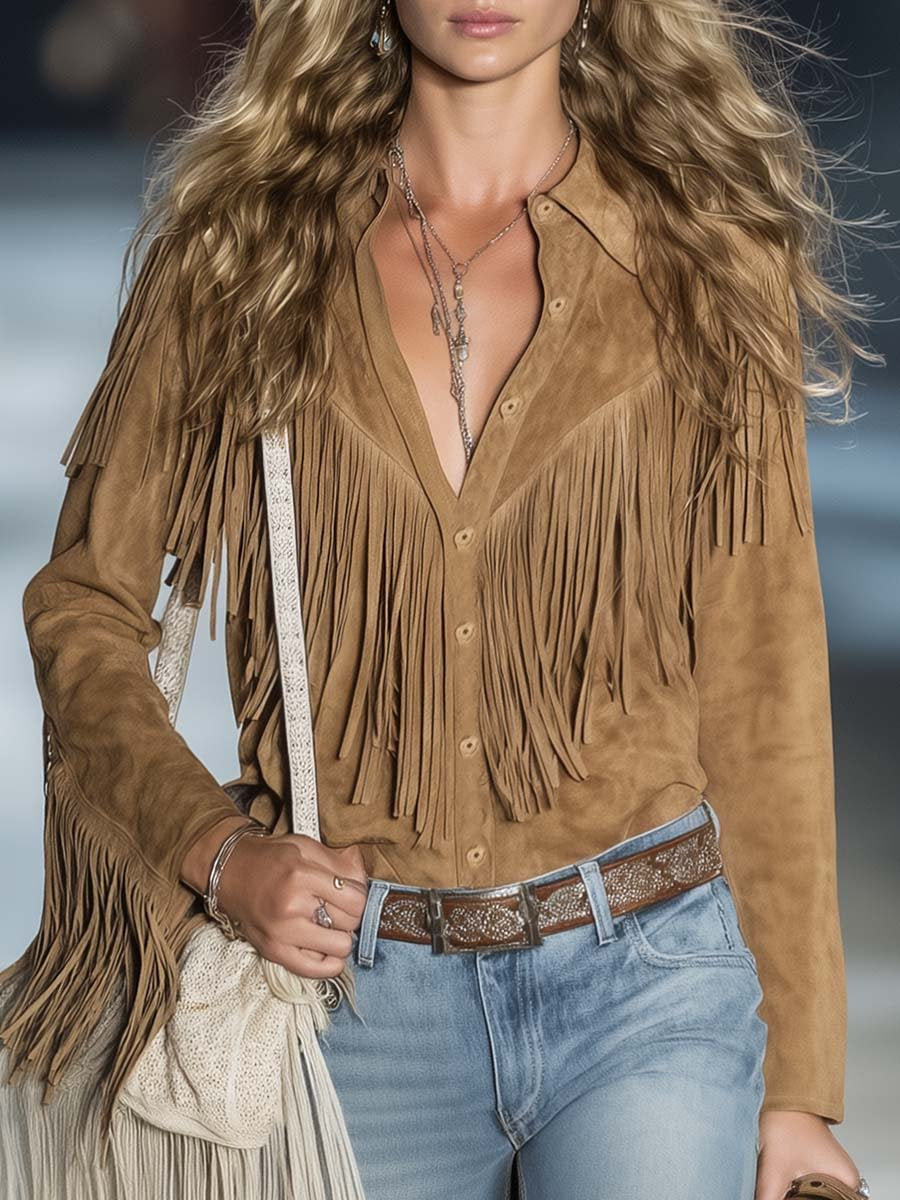 Women's Autumn Tassel Suede Solid Color Polo Blouse