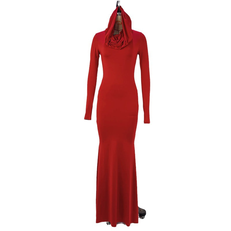 Women's Winter Fashion Temperament Pure Color Hood Dress