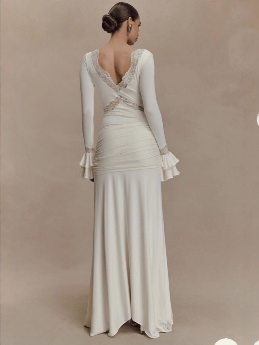 Women's Long Sleeve Lace Patchwork Flared Sleeves Ribbon Dress