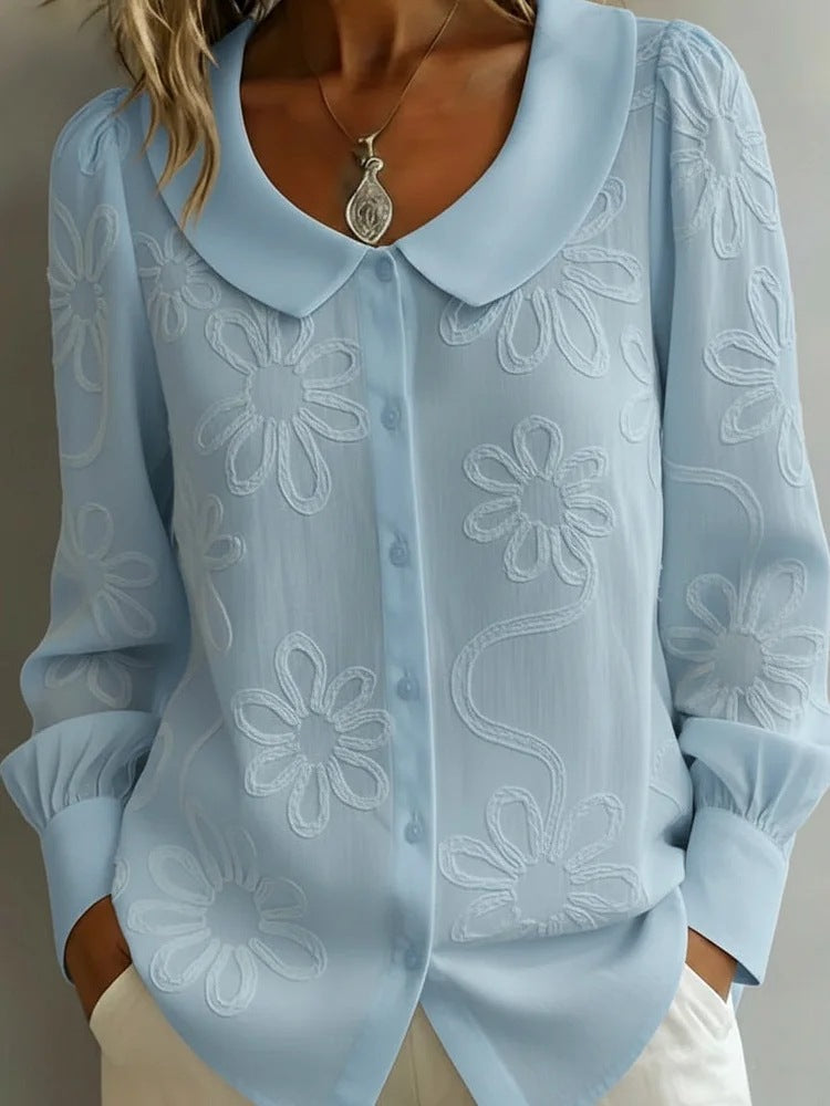 Embroidered Jacquard Doll Collar Long Sleeve Blouse