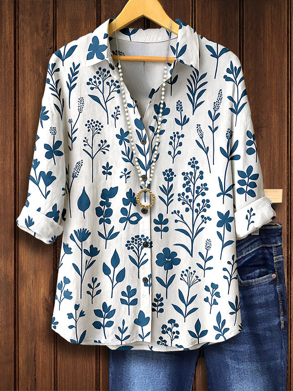 Women's Elegant Retro Floral Long-sleeved Shirt Blouse