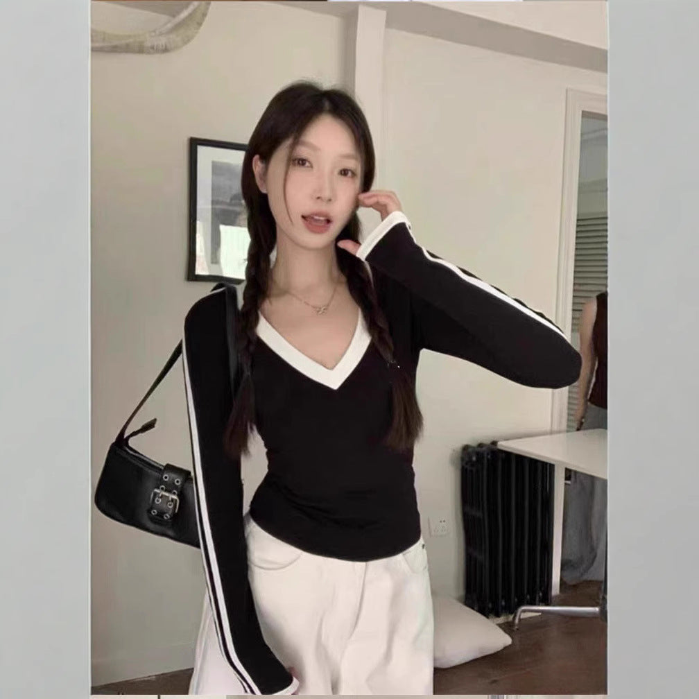 Women's Shoulder Striped Long-sleeved Slim Fit Sweet Women's T-shirt