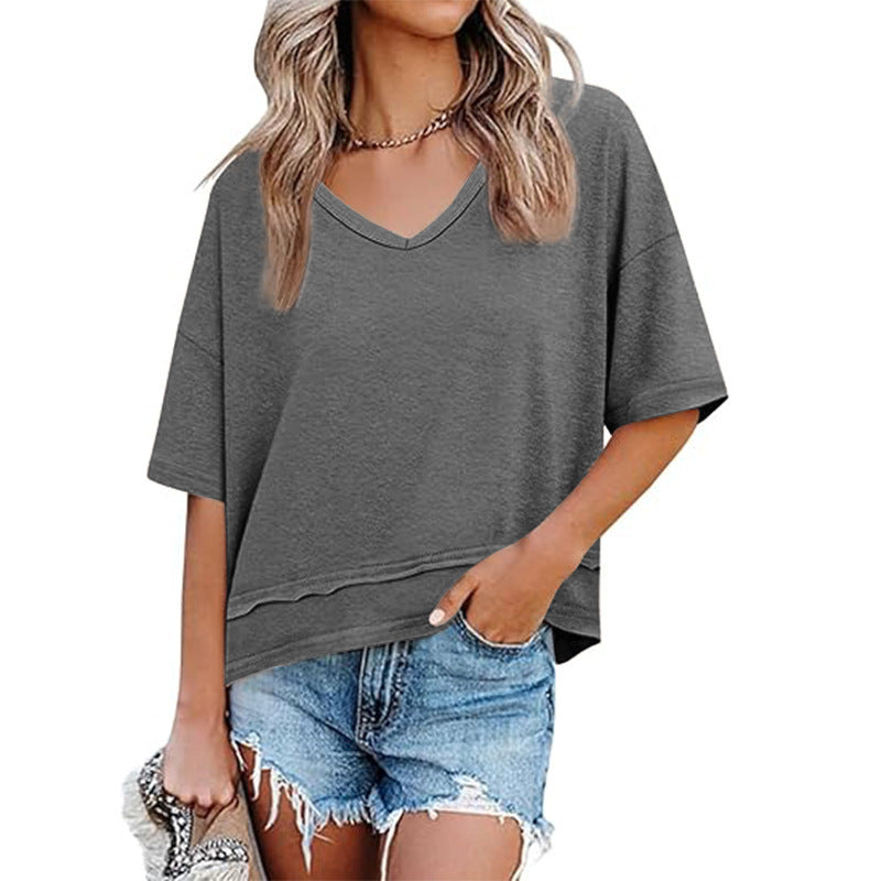Women's Summer Fashion Wear Solid Color Stitching Women's T-shirt
