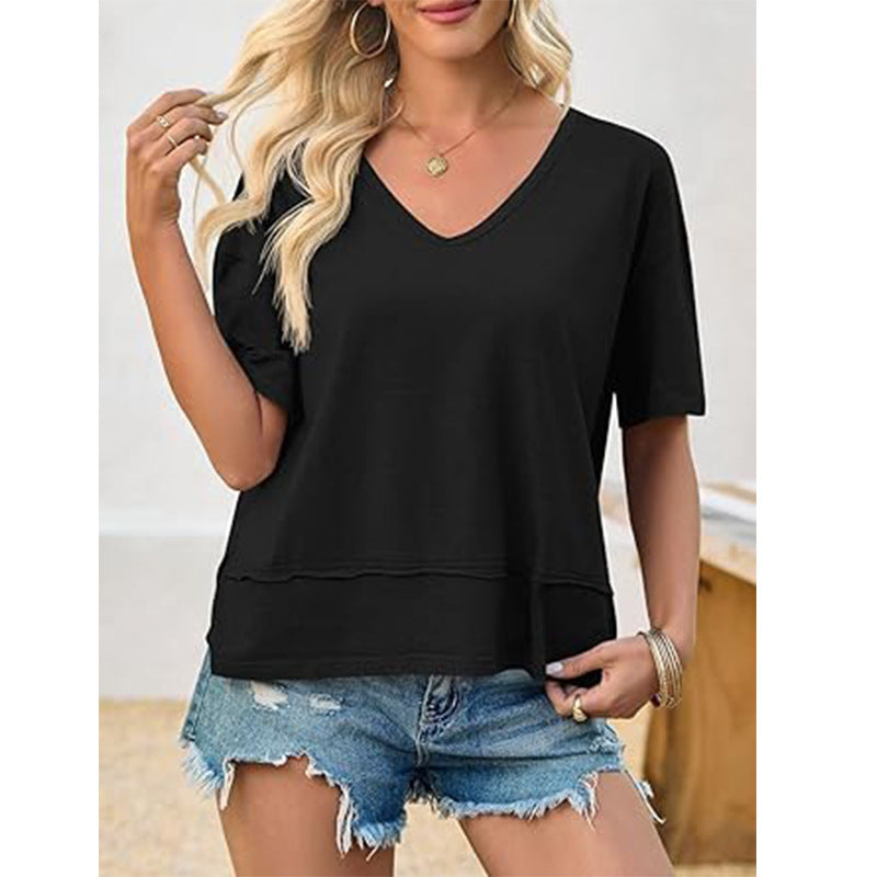 Women's Summer Fashion Wear Solid Color Stitching Women's T-shirt