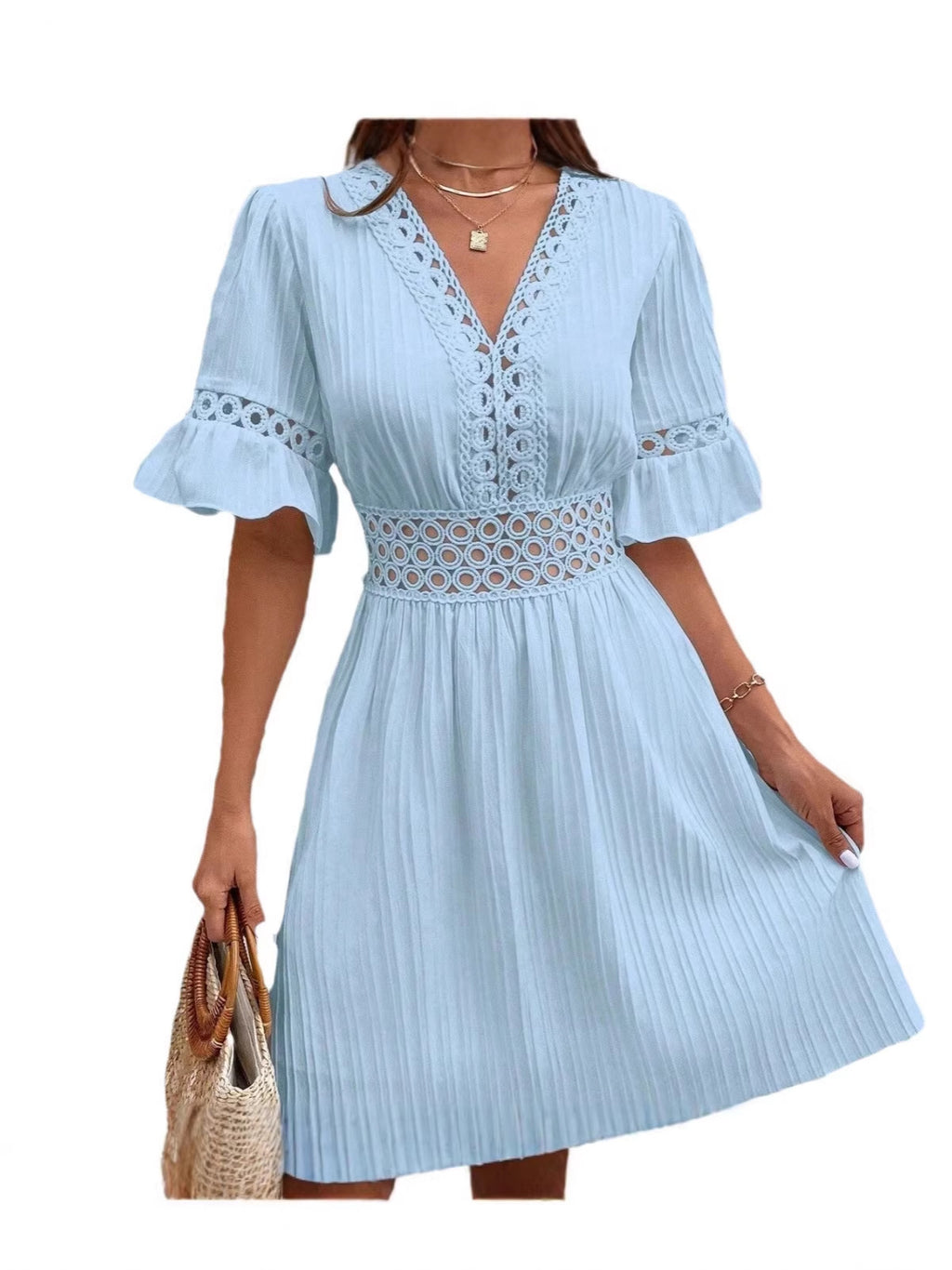 Women's Summer Stitching Lace Fashion Tight Waist Solid Dress