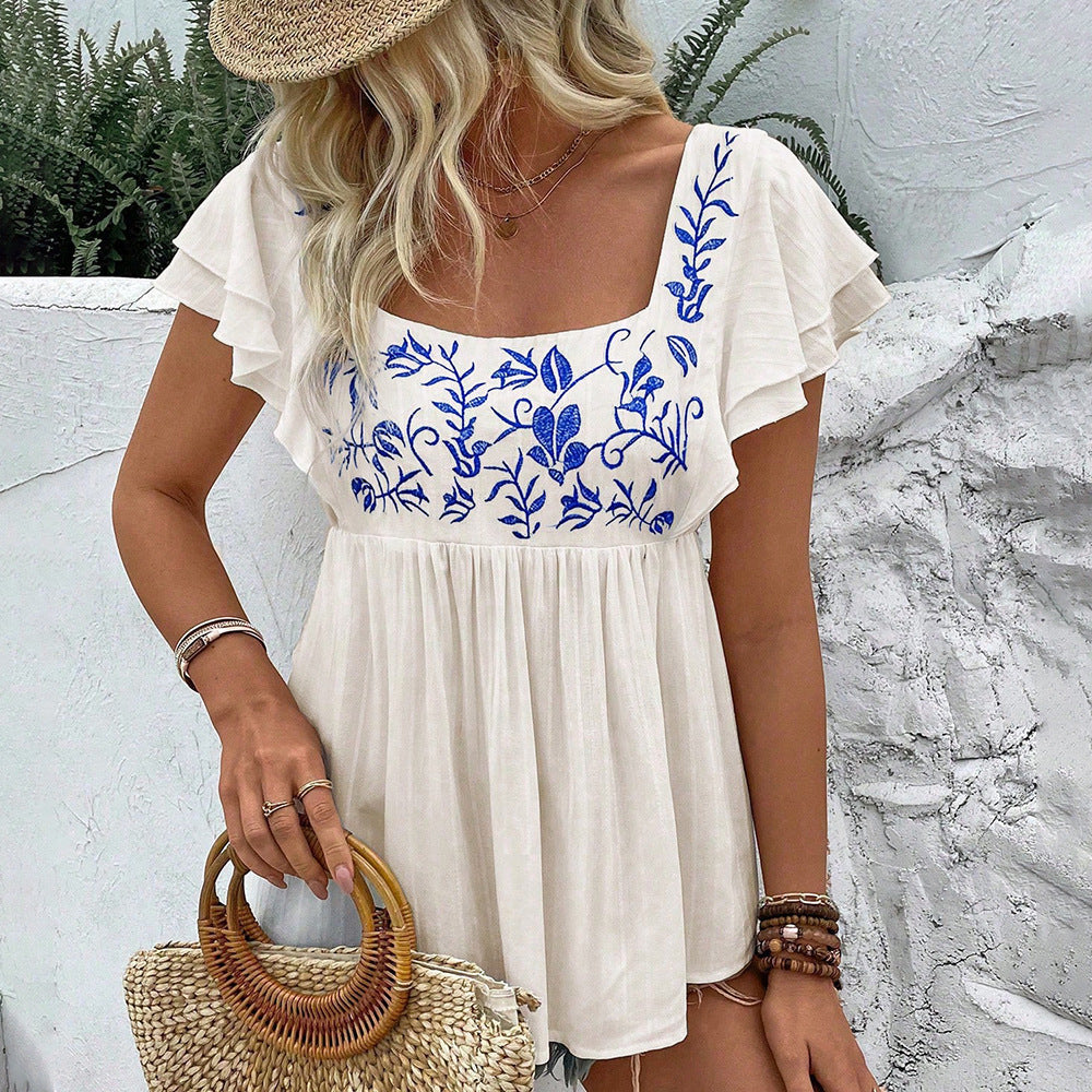 Women's Lace Square Collar Sleeve Embroidered Shirt Cool Blouse