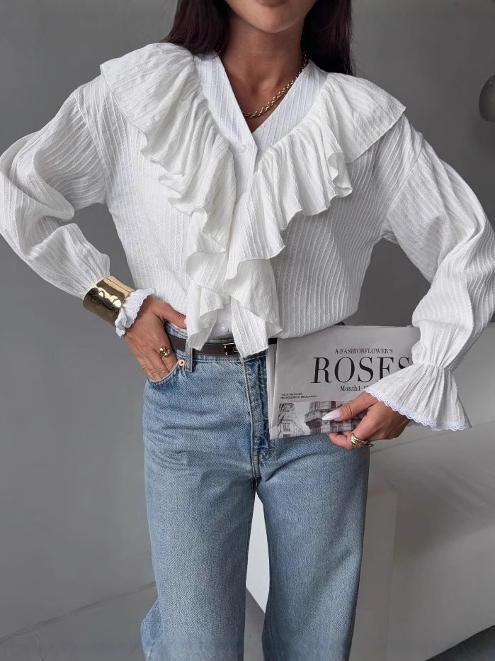 Flounce French Style Retro Design Long Sleeve Shirt Early Spring Tops