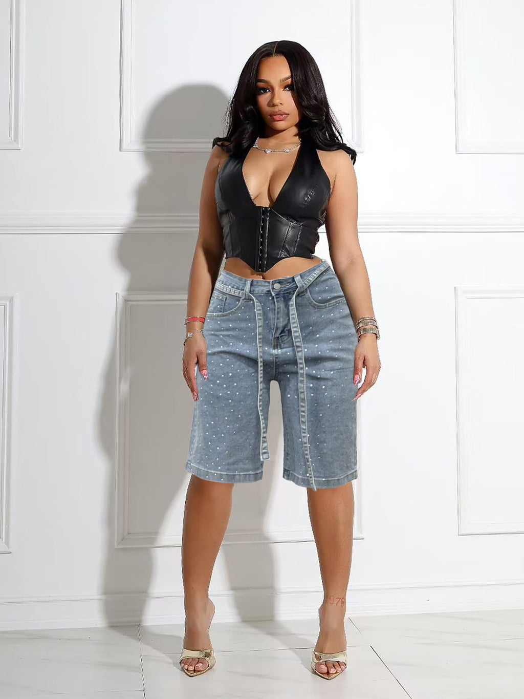 Women's Loose Denim 5-point Full Hot Rhinestone Additional Pants