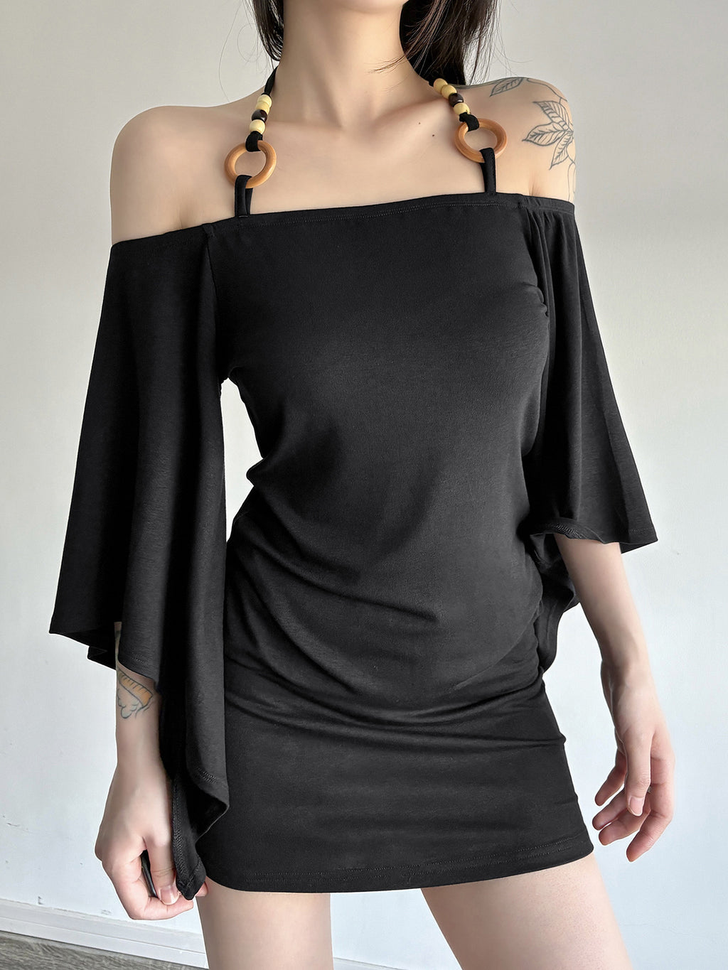 Vintage Stripe Flare Sleeve Hot Beaded Halter Niche Women's T-shirt
