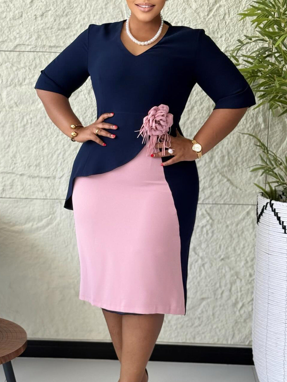 Solid Color Flower Temperament Pleated Half Sleeve Dress