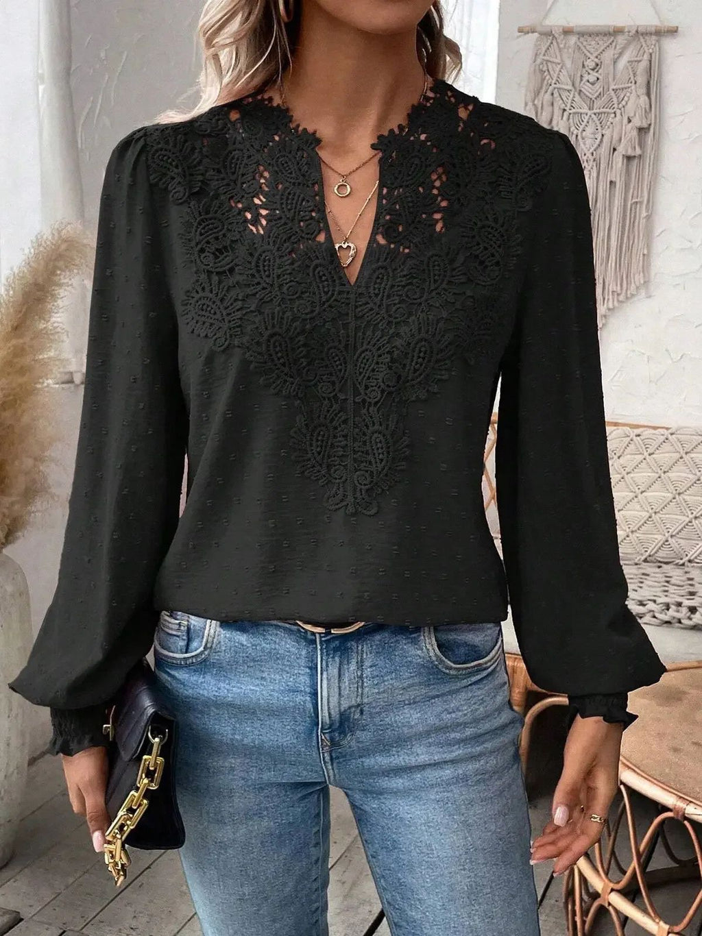 Women's Fashion Lace Solid Color Long Sleeve Women's T-shirt