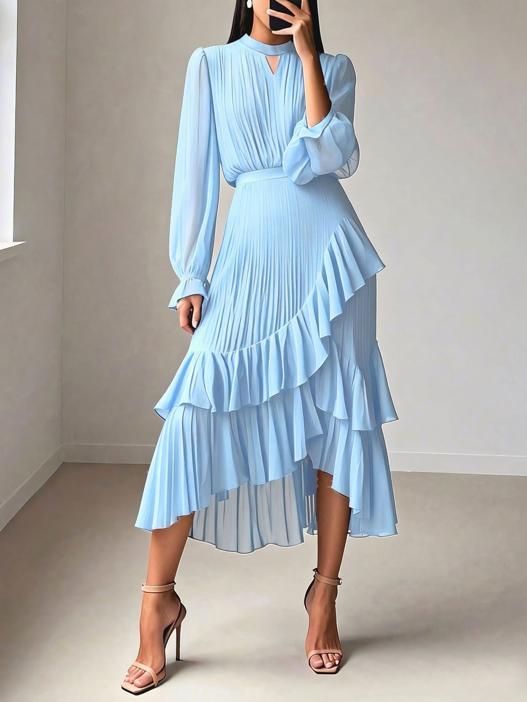 Solid Color Ruffled Pleated Formal Mid-length Dress