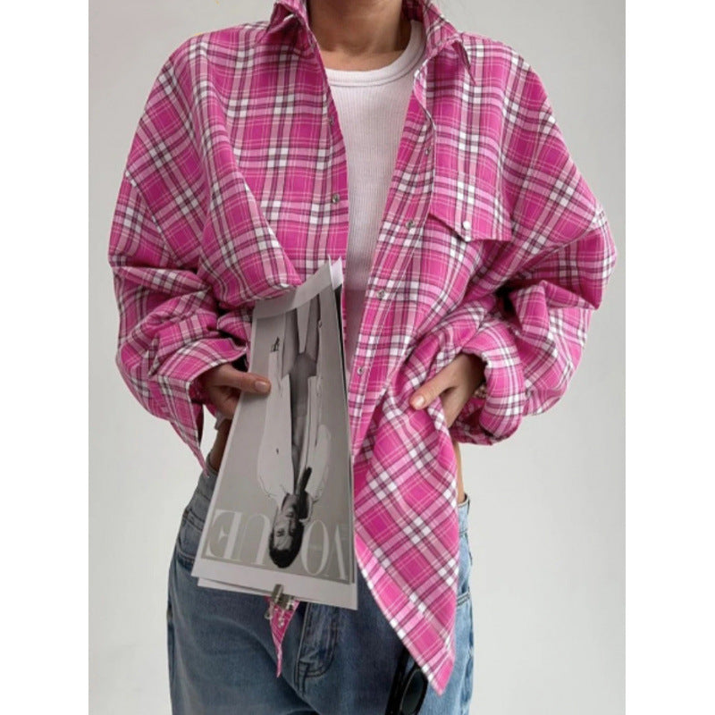 Women's Style Lapel Loose Shirt Autumn Plaid Long Blouse