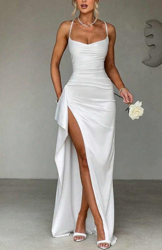 Women's Elegant Fashion Solid Color Shoulder Strap Long Dress