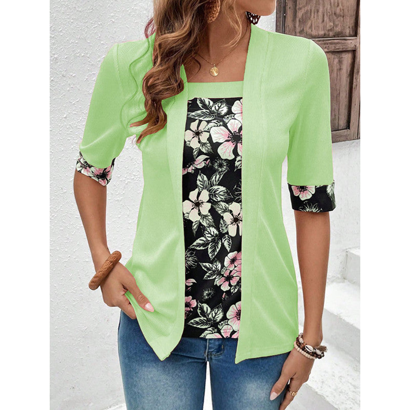 Women's Summer Fake Two-piece Sleeve Printed T-shirt Blouse