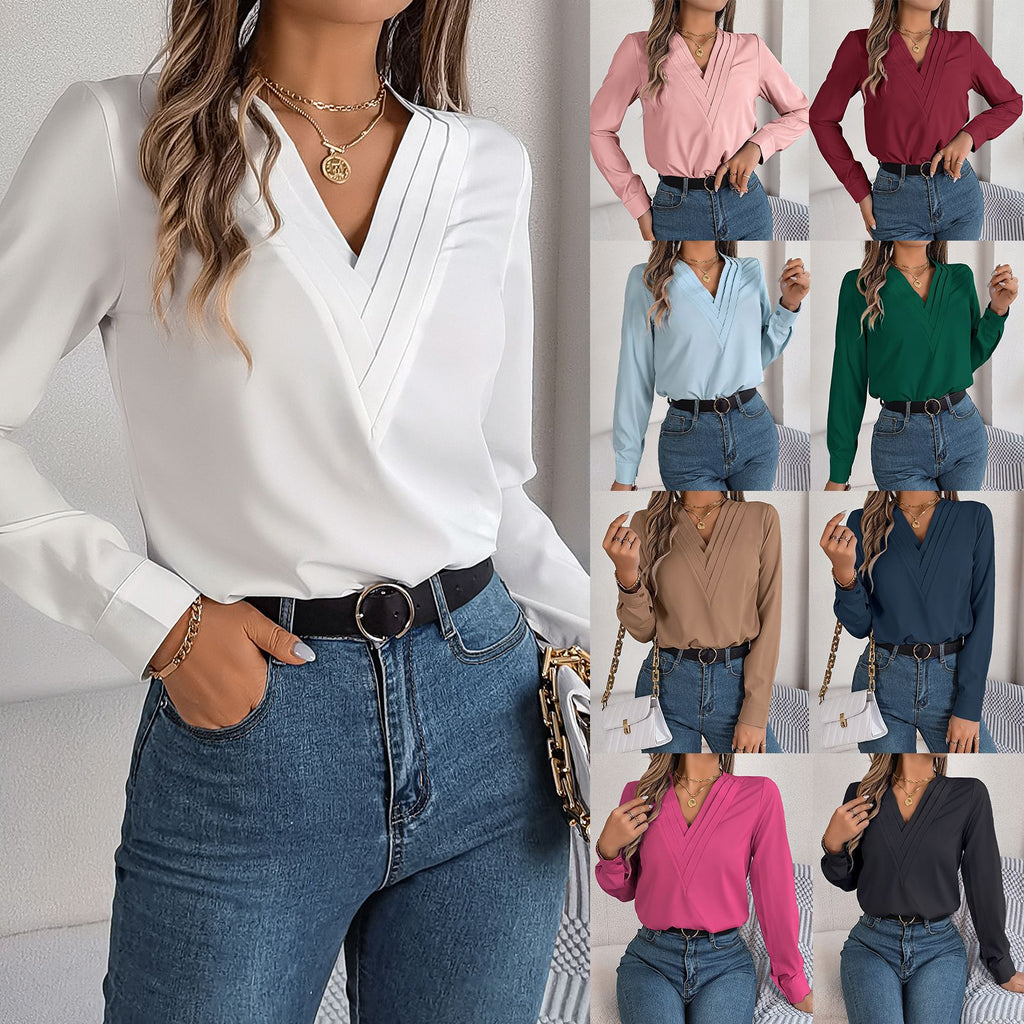 Women's Elegant Solid Color Cascading Long Sleeve Blouse