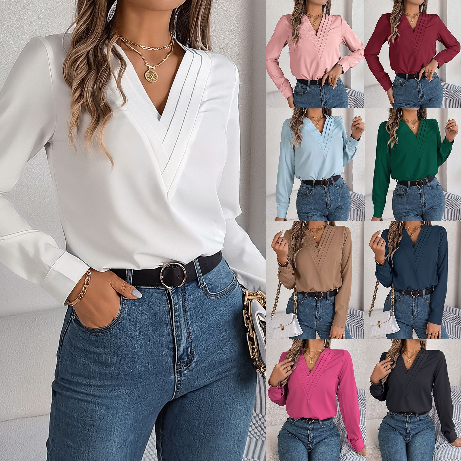 Women's Elegant Solid Color Cascading Long Sleeve Blouse