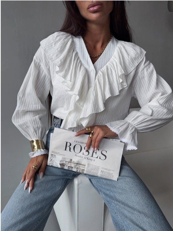 Flounce French Style Retro Design Long Sleeve Shirt Early Spring Tops