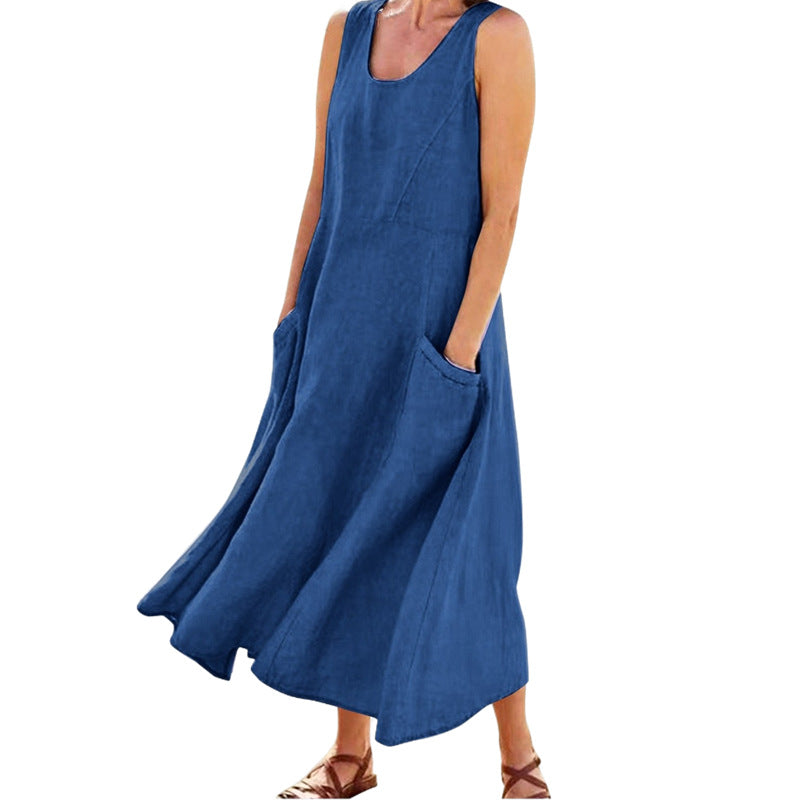 Women's Summer Retro Sleeveless Solid Color Cotton Linen Dress